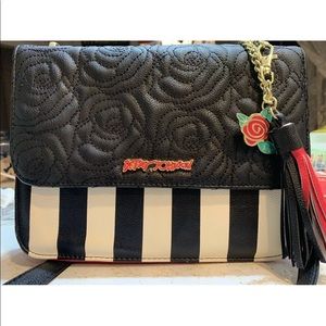 Betsy Johnson Black and White Pinstriped Rose Bag